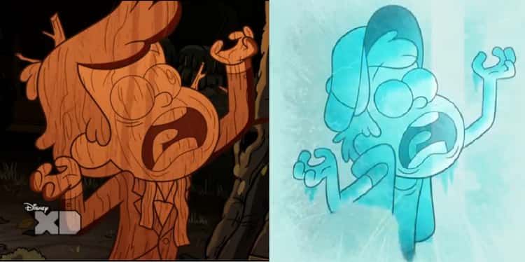 Картинка слева: Диппер превращается в дерево на празднике семейства Нортвест. Справа: оборотень показывает последний крик Диппера перед смертью