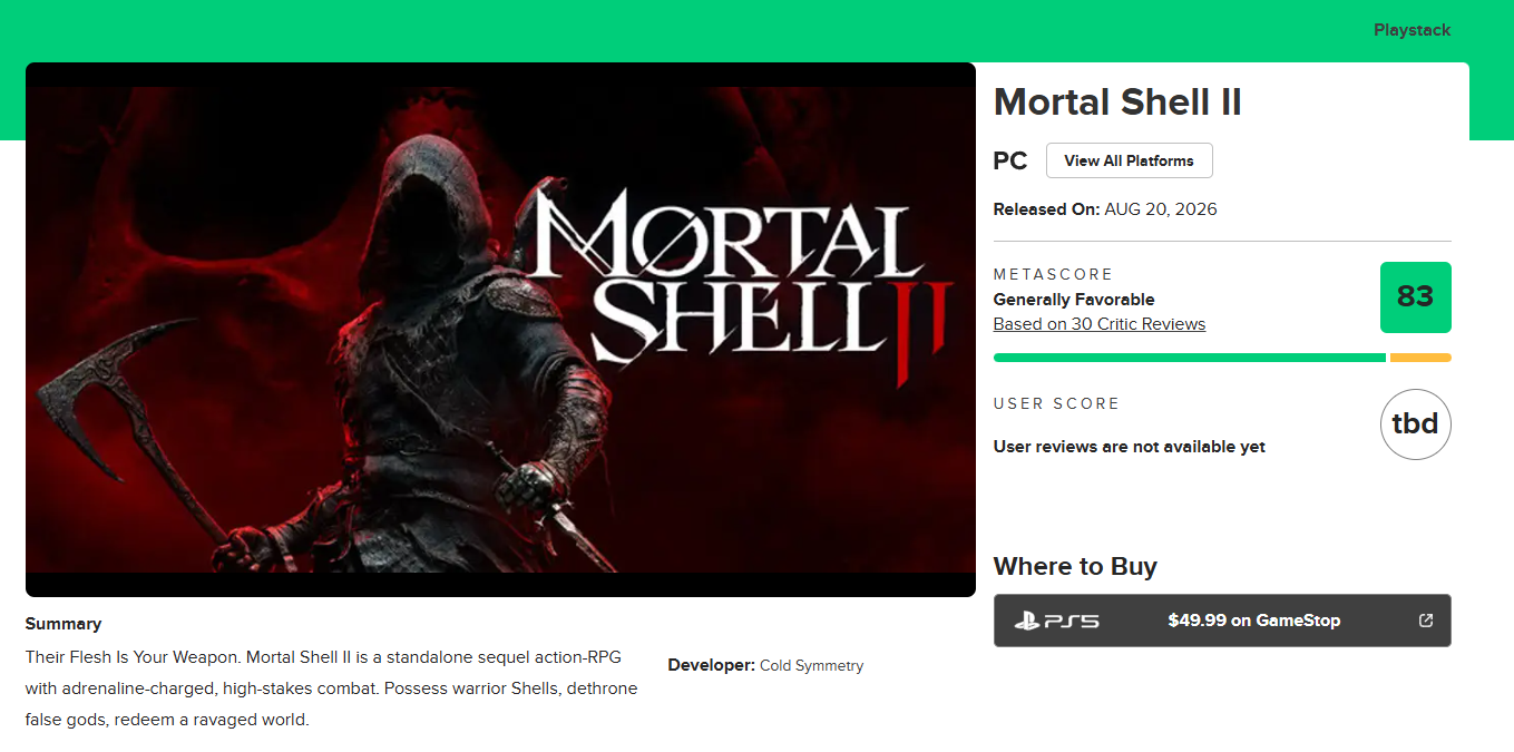Оценки Mortal Shell II. Источник: Metacritic