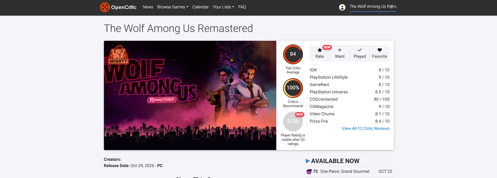 Оценки The Wolf Among Us Remastered. Источник: OpenCritic