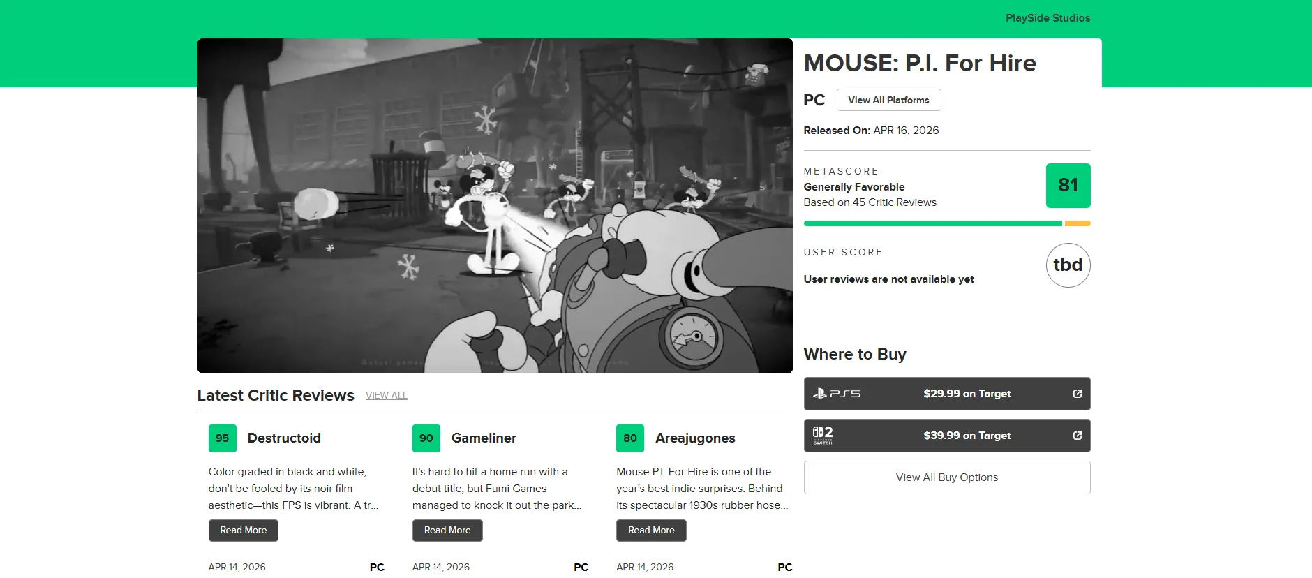Оценки Mouse: P.I. for Hire на Metacritic. Источник: Metacritic 