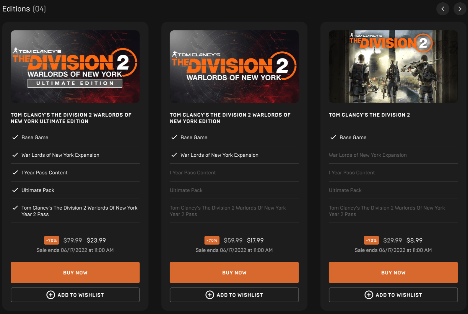 Пример сравнения различных изданий The Division 2