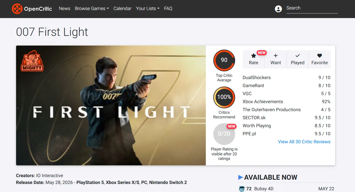 Оценки 007 First Light. Источник: OpenCritic