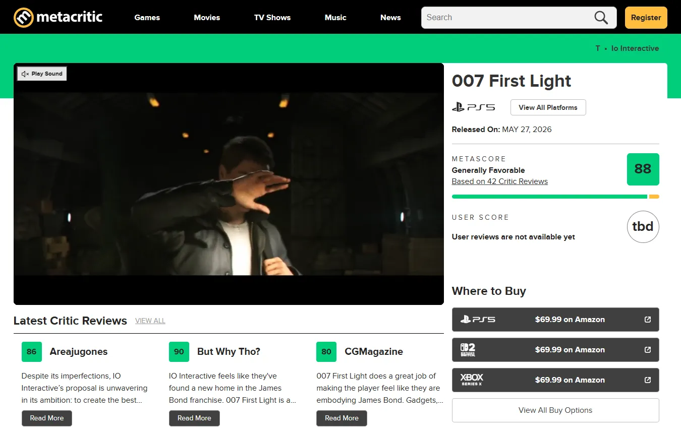 Оценки 007 First Light. Источник: Metacritic