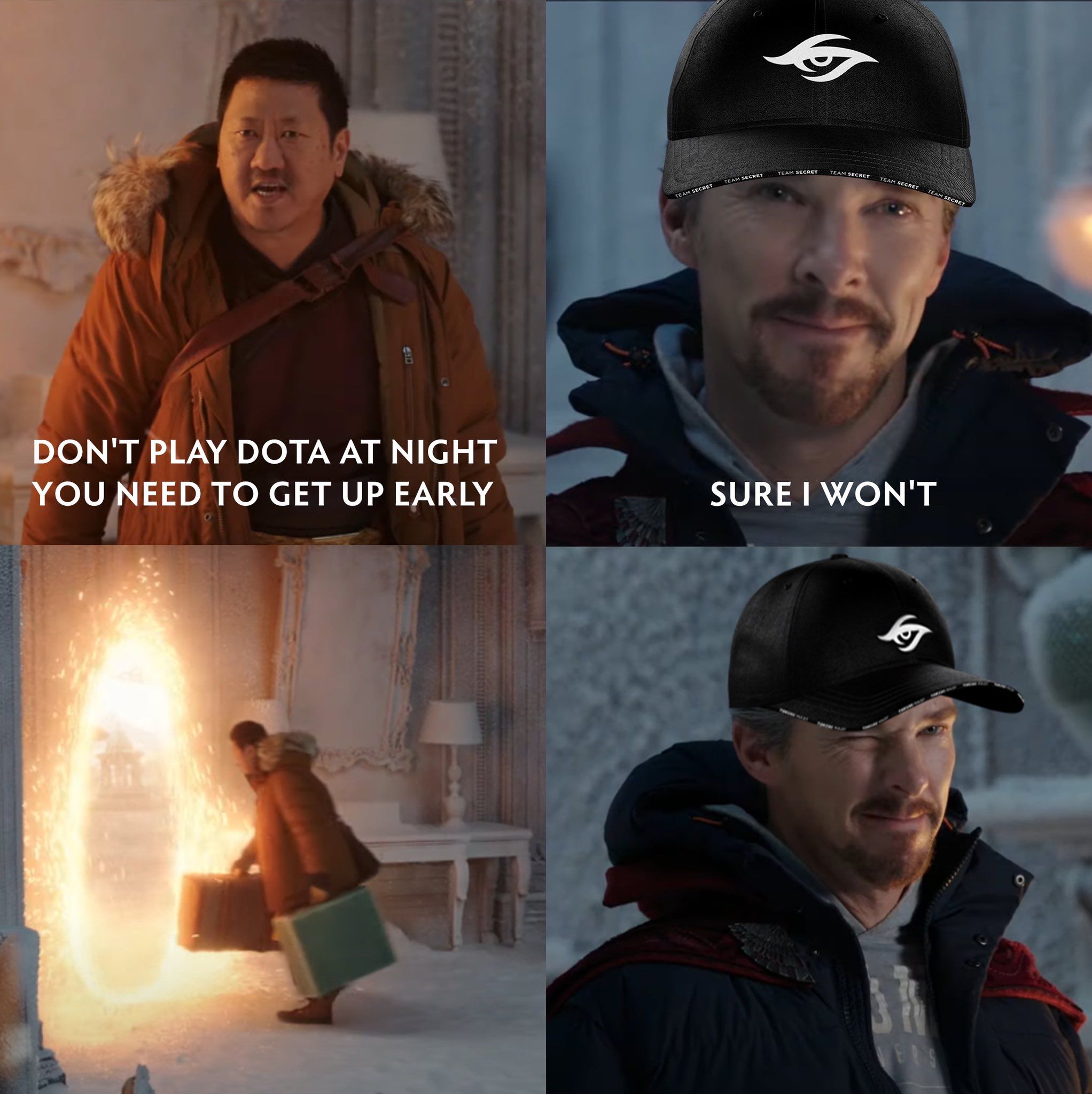 &mdash; Не играй в Dota 2 допоздна. Тебе завтра рано вставать.
&mdash; Конечно, я не буду.
Источник: twitter.com/teamsecret
