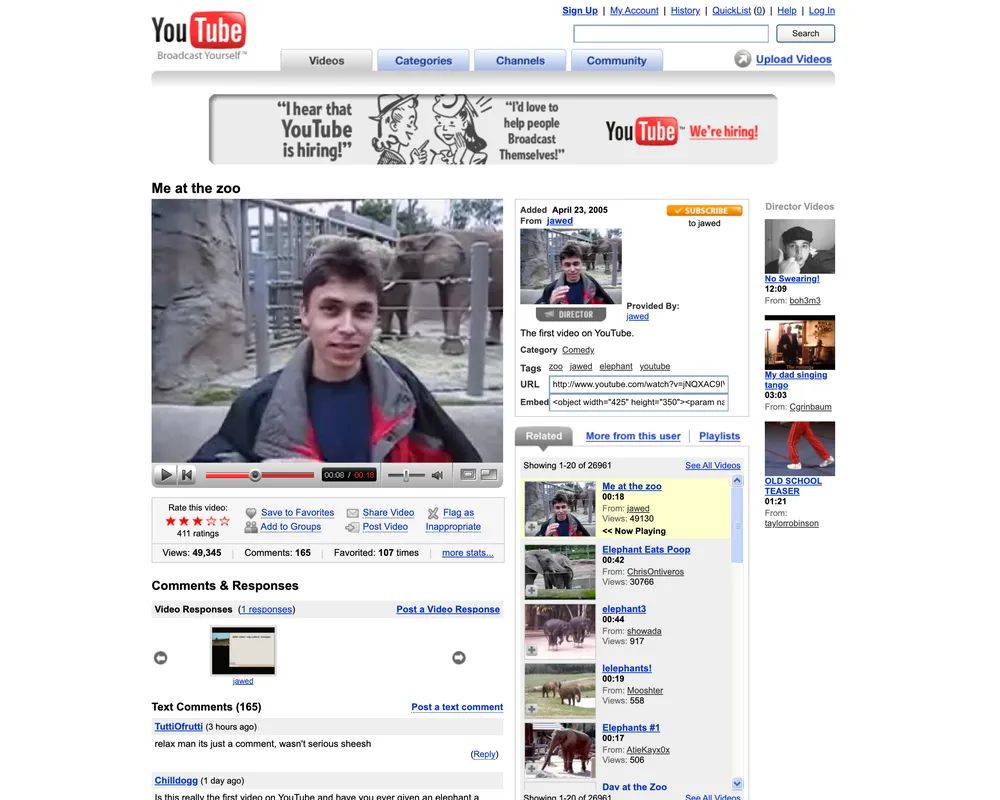 Скриншот с первым видео на YouTube, который представили на выставке в Музее Виктории и Альберта в Лондоне | Источник: блог YouTube