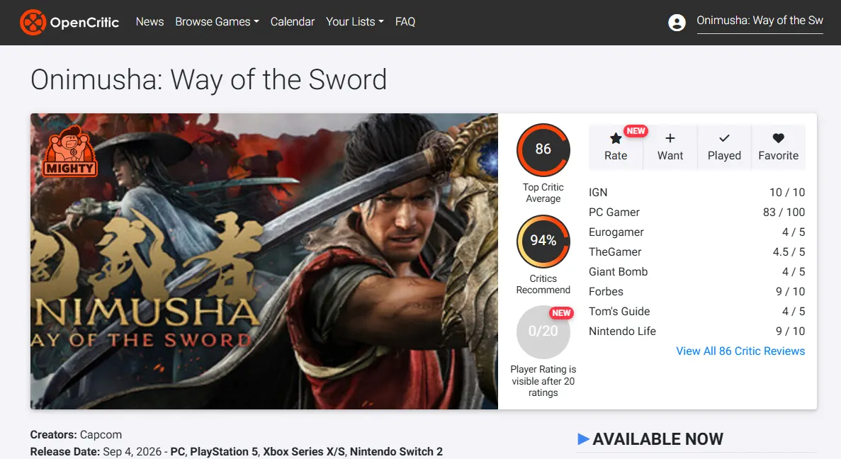 Оценки Onimusha: Way of the Sword. Источник: OpenCritic