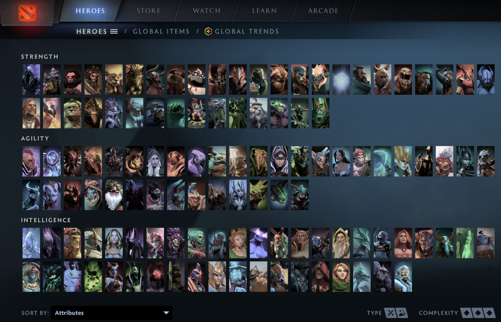 Стандартная страница с персонажами Dota 2, отсортированная по основному атрибуту 
