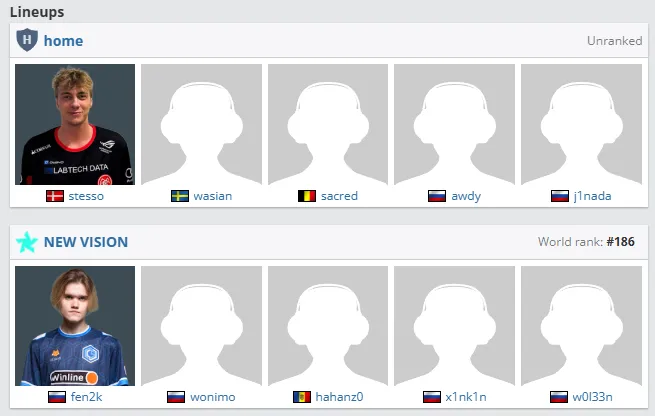 Страница на HLTV.org со статистикой игроков в матче home — NEW VISION после жалобы stesso | Источник: HLTV.org