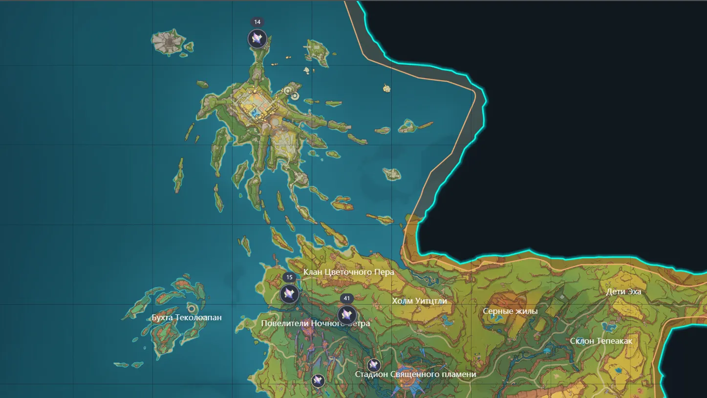 Местоположение мерцающего рогатого гриба на карте. Источник: Genshin Impact