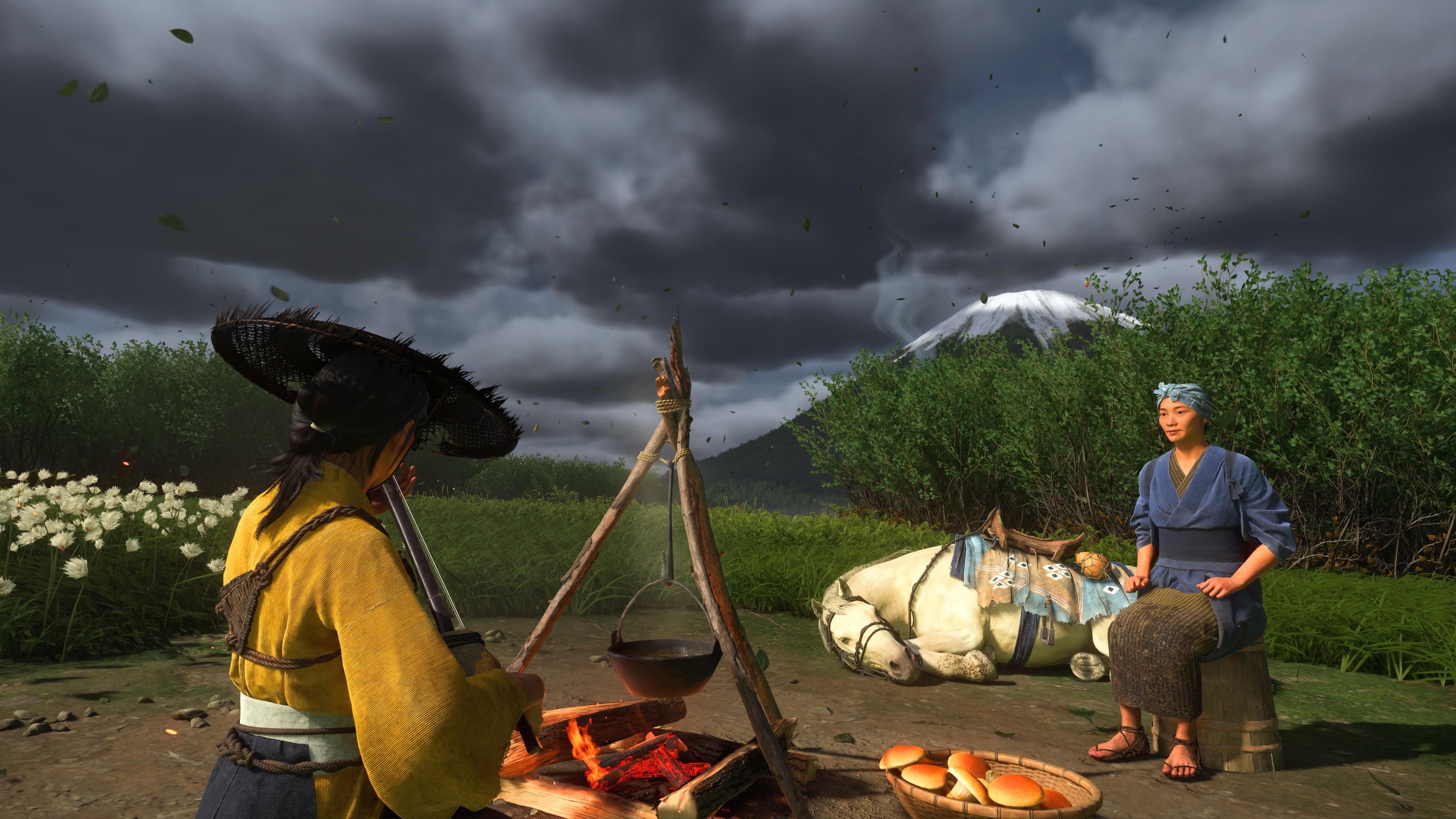 В любой момент можно разбить лагерь и приготовить там еду, поиграть на инструменте, сделать стрелы или просто поболтать с путниками. Скриншот из Ghost of Yōtei