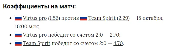 Коэффициенты на матч против VP