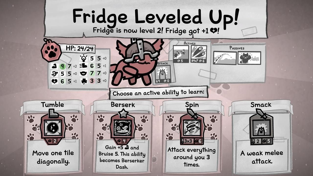 После каждого боя котик может улучшить имеющийся навык или получить новый. Скриншот из Mewgenics. Источник: GameGuru