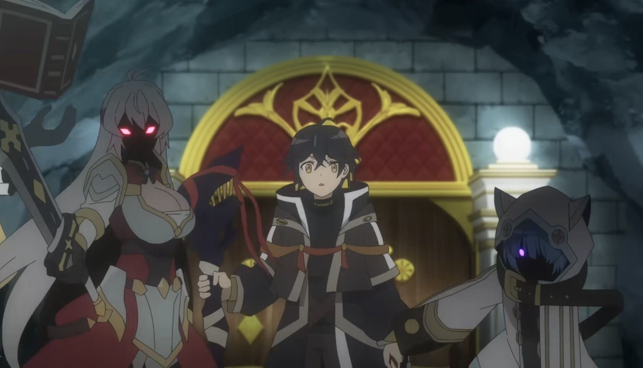 Кадр из трейлера аниме «Я был предан товарищами в глубине подземелья, но благодаря своему навыку "Бесконечная гача" я обрёл союзников девять тысяч девятьсот девяносто девятого уровня, чтобы отомстить бывшим соратникам и всему миру!»