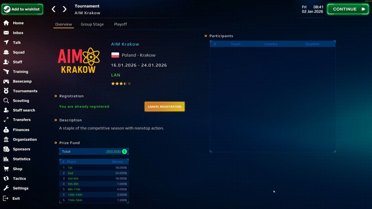 Меню турнира в Esports Manager 2026 | Скриншот из Esports Manager 2026