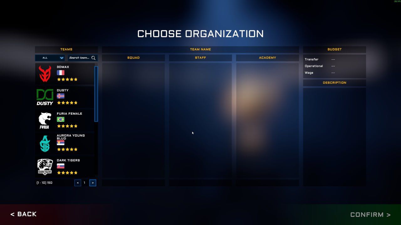 Меню выбора клуба в Esports Manager 2026 | Скриншот из Esports Manager 2026