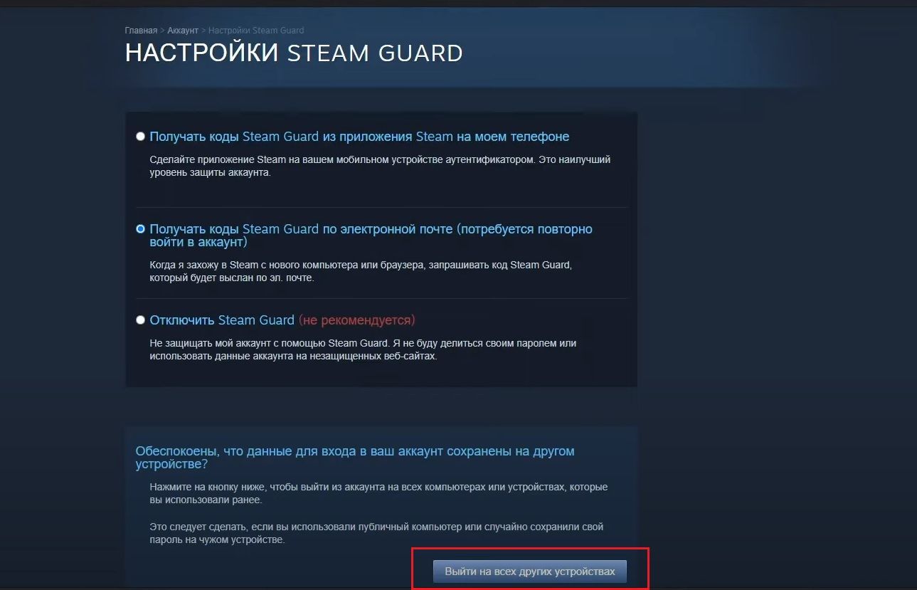 Выход из аккаунта Steam со всех устройств. Источник: Steam 