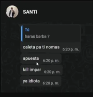 Вы: «Будешь сливать?» SANTI: «Только для тебя. Делай ставку. Нечетное количество убийств. Давай, идиот». Источник: стрим K1 на Kick