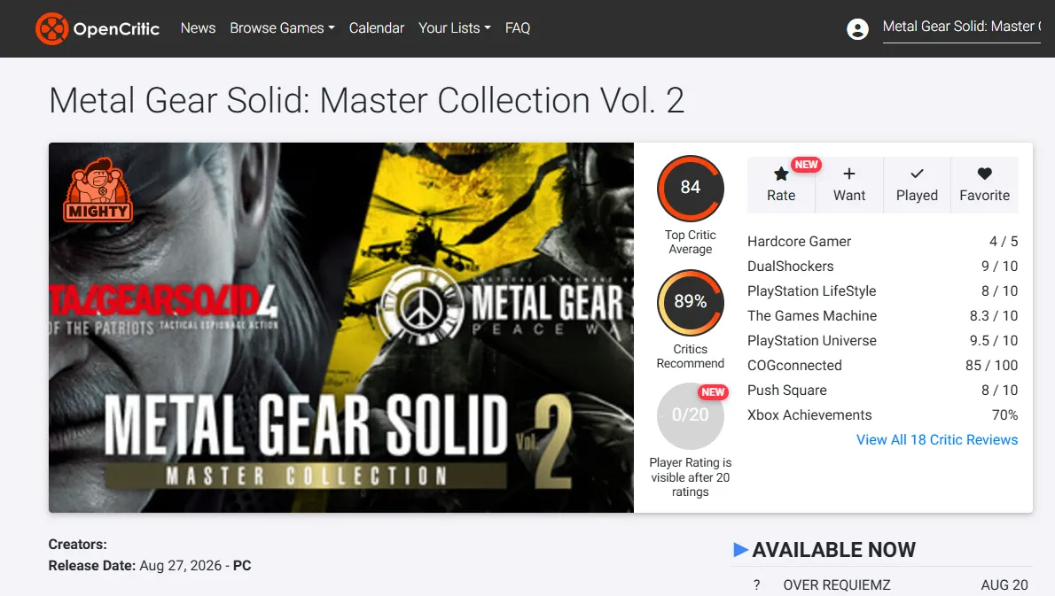 Оценки Metal Gear Solid: Master Collection Vol. 2. Источник: OpenCritic