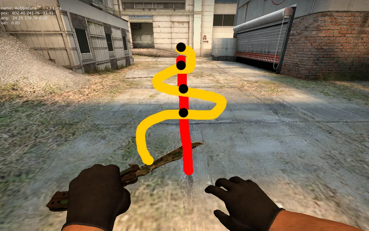 Желтая линяя — ваше движение. Точки — момент прыжка | Источник: steamcommunity.com