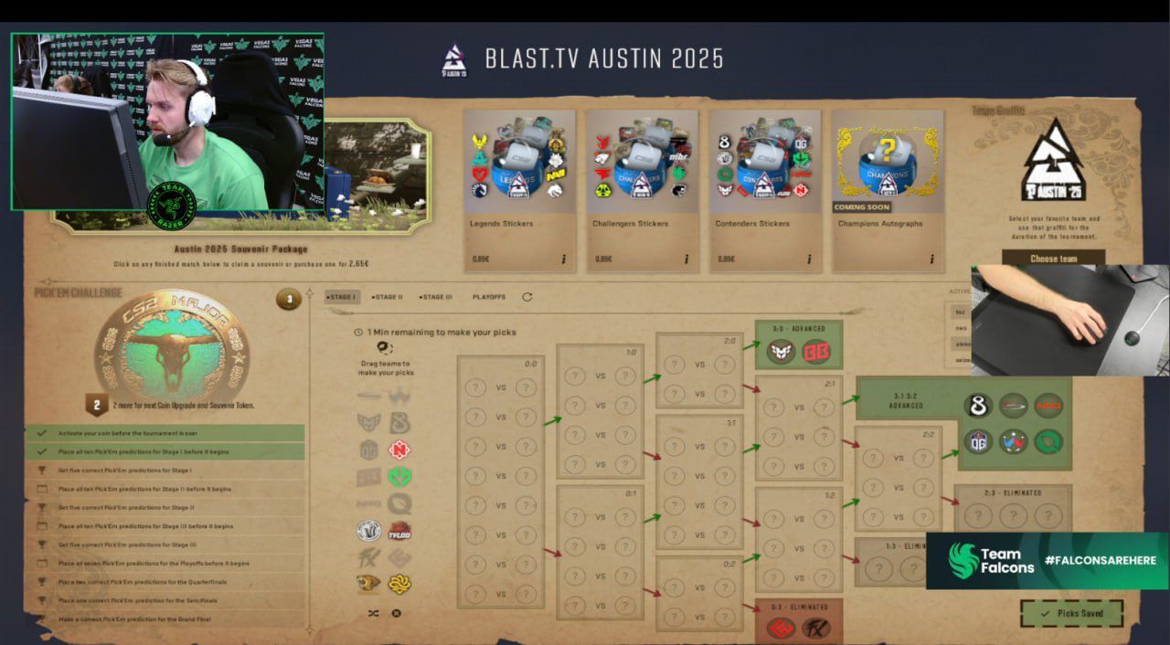 Прогноз NiKo в Pick'Em Challenge на первый групповой этап BLAST.tv Austin Major 2025 | Источник: канал NiKo на Twitch