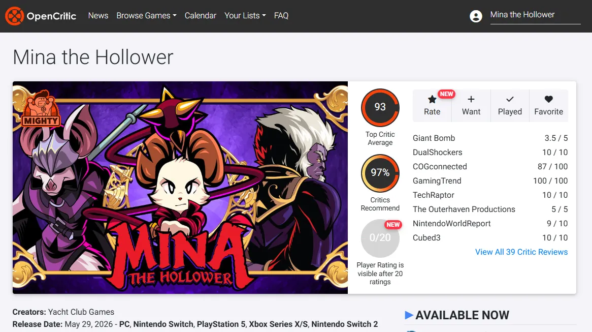 Оценки Mina the Hollower. Источник: OpenCritic