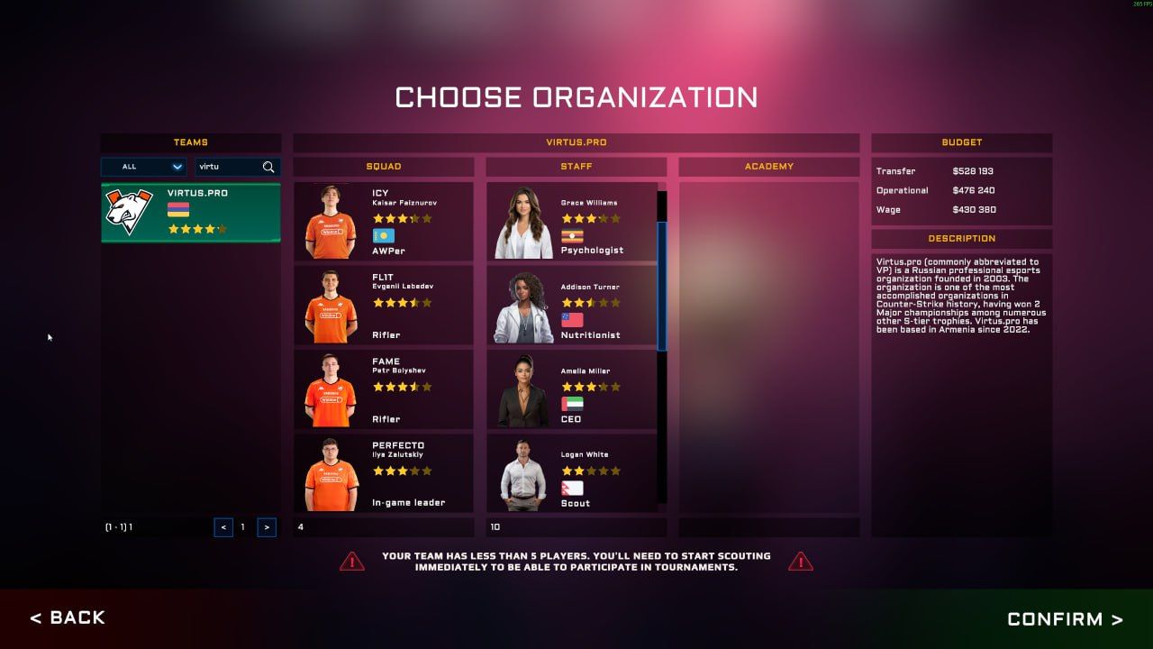 Virtus.pro в Esports Manager 2026 | Скриншот из Esports Manager 2026