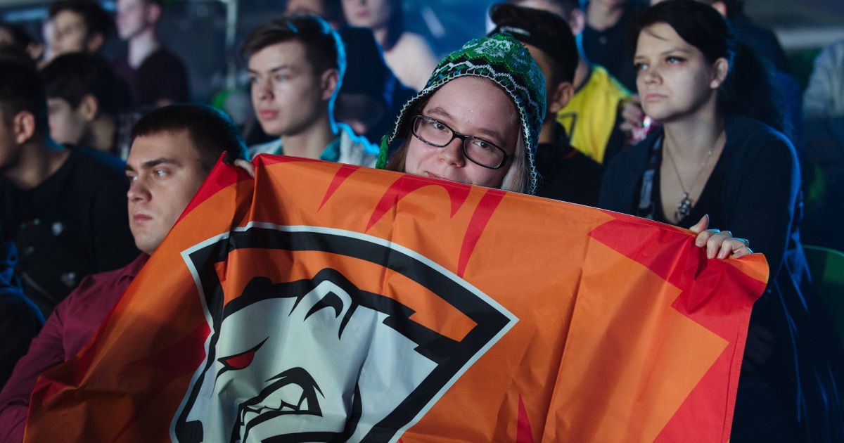 толпа фанатов киберспорта с плакатами на трибунах